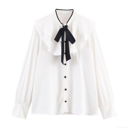 Women's Elegant Contrast Bow Tiered Decoration Blouse Long Sleeve Peter Pan Collar Polyester Spandex Blend Casual Shirt For Winter