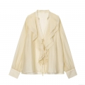Women's Elegant V-Neck Ruffle Blouse Long Sleeve Tie-Front Solid Color Polyester Spandex Blended Top For Casual Office Dating Sweet Style Cream Yellow Shirt