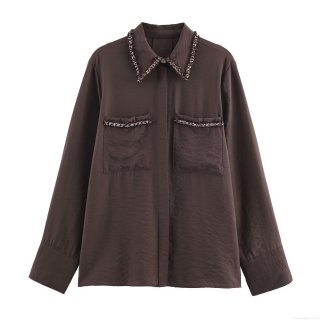 Women's Satin Texture Long Sleeve Shirt With Contrast Trim Elegant Pocket Loose Blouse Casual Polyester Office Top
