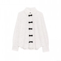 Women's Elegant White Lace Blouse With Black Bows Long Sleeve Loose Fit Single-Breasted Shirt Top For Party Dating Office Daily Wear