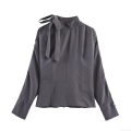 Women's Long Sleeve Bow Tie Blouse Asymmetric Neck Shoulder Slit Satin Finish Polyester Spandex Shirt Casual Chic Winter Top