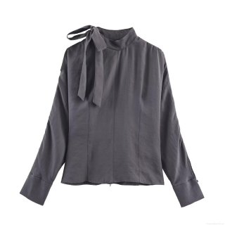 Women's Long Sleeve Bow Tie Blouse Asymmetric Neck Shoulder Slit Satin Finish Polyester Spandex Shirt Casual Chic Winter Top