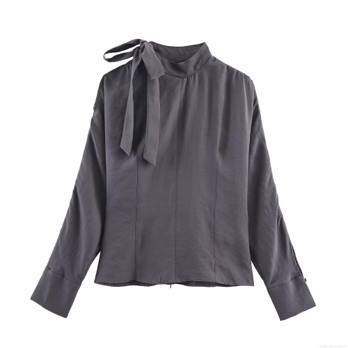 Women's Long Sleeve Bow Tie Blouse Asymmetric Neck Shoulder Slit Satin Finish Polyester Spandex Shirt Casual Chic Winter Top