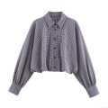 Women's Casual Gingham Plaid Long Sleeve Shirt Loose Fit Polyester Lapel Button Up Blouse With Pockets Balloon Sleeves Tops For Daily Wear