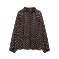 Women Elegant Polka Dot Chiffon Blouse Long Sleeve Bow Tie Neck Stand Collar Ruffle Trim Loose Fit Pullover Top Shirt For Daily Office Dating Casual Wear