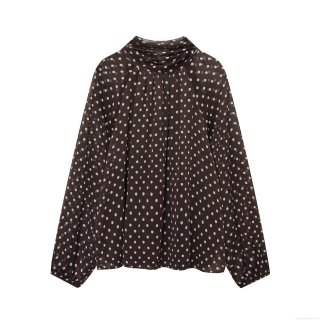 Women Elegant Polka Dot Chiffon Blouse Long Sleeve Bow Tie Neck Stand Collar Ruffle Trim Loose Fit Pullover Top Shirt For Daily Office Dating Casual Wear
