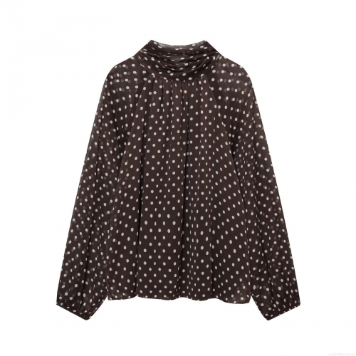 Women Elegant Polka Dot Chiffon Blouse Long Sleeve Bow Tie Neck Stand Collar Ruffle Trim Loose Fit Pullover Top Shirt For Daily Office Dating Casual Wear