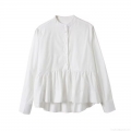 Women's White Long Sleeve Blouse Elegant Stand Collar Ruffle Hem Patchwork Top Sweet Loose Fit Polyester Spandex Shirt For Daily Office Wear