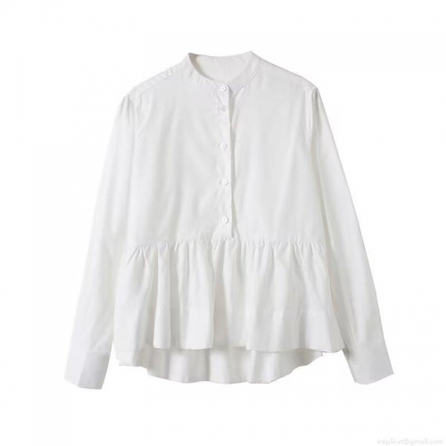 Women's White Long Sleeve Blouse Elegant Stand Collar Ruffle Hem Patchwork Top Sweet Loose Fit Polyester Spandex Shirt For Daily Office Wear Women's White Long Sleeve Blouse Elegant Stand Collar Ruffle Hem Patchwork Top Sweet Loose Fit Polyester Spandex Shirt For Daily Office Wear