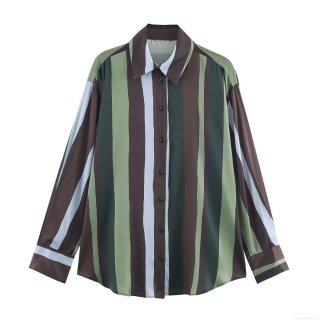 Women's Fashion Striped Satin Blouse Vintage Long Sleeve Floral Print Shirt Elegant Button Up Polo Collar Top Casual Office Silky Texture Ladies Clothing