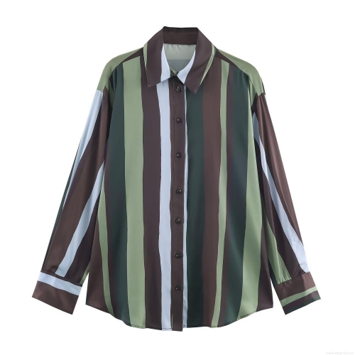 Women's Fashion Striped Satin Blouse Vintage Long Sleeve Floral Print Shirt Elegant Button Up Polo Collar Top Casual Office Silky Texture Ladies Clothing