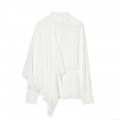 Women's Elegant Asymmetrical Satin Blouse Long Sleeve Stand Collar Shirt Solid White Silk-Like Draped Top With Belt For Office Lady Commuting Chic Fashion