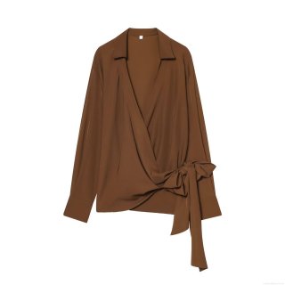 Women's Elegant V-Neck Wrap Blouse Fashion Long Sleeve Lace-up Tie Waist Solid Color Polyester Spandex Top For Office Daily Wear