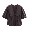 Women's Retro Sweet Puff Sleeve Sailor Collar Short Sleeve Top Polyester Spandex Lace Trim Solid Color Vintage Blouse Shirt