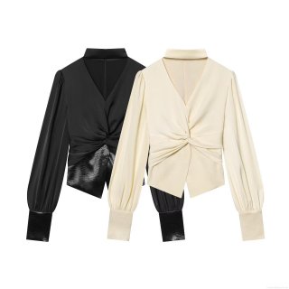 Elegant Women V-Neck Twist Waist Blouse Satin Patchwork Long Bubble Sleeve Shirt Slim Fit Stylish Evening Party Top
