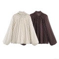 Vintage Polka Dot Chiffon Blouse Long Sleeve Bowtie Pleated Lantern Sleeve Elegant Shirt Tops For Women