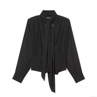 Elegant Women Black Pearl Chiffon Long Sleeve Blouse Fashionable Tie-Neck Bow Pleated Draped Office Work Pullover Shirt Tops Casual Solid Color Blouses