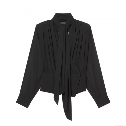 Elegant Women Black Pearl Chiffon Long Sleeve Blouse Fashionable Tie-Neck Bow Pleated Draped Office Work Pullover Shirt Tops Casual Solid Color Blouses