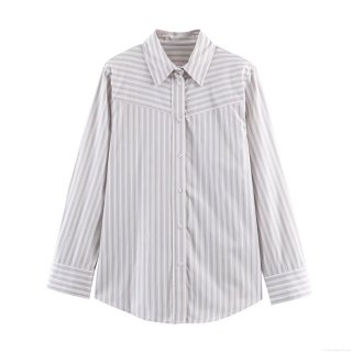 Women Fashion Striped Poplin Shirt Padded Shoulder Long Sleeve Blouse Grey White Vertical Stripes Single Breasted Top Classic Shirt Collar Casual Office Button Down