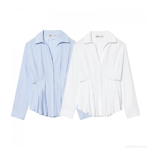 Women Pleated Waist Long Sleeve Shirt Elegant Solid Color Poplin Blouse With Hidden Buttons Casual Fashion Tops For Ladies Premium Fabric Turn-down Collar