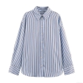 Women Fashion Striped Poplin Shirt Long Sleeve Button Down Loose Fit Casual Office Blouse For Ladies Modern Sweet Style Soft Fabric Comfortable