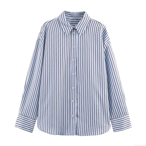 Women Fashion Striped Poplin Shirt Long Sleeve Button Down Loose Fit Casual Office Blouse For Ladies Modern Sweet Style Soft Fabric Comfortable