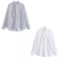 Women Elegant Striped Pussy-Bow Tie Neck Long Sleeve Blouse Shirt Casual Office Work Top Polyester Striped Button Down Shirt For Ladies Spring Autumn Fashion