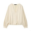 Women's Elegant Satin Blouse Deep V-Neck Wrap Front Long Sleeve Pullover Shirt Solid Color Silky Texture Commuter Top For Ladies Office Daily Wear