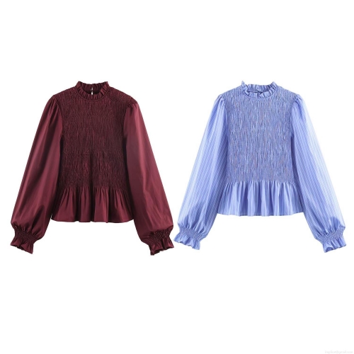Women Vintage Smocked Blouse Ruffle Mock Neck Long Sleeve Lantern Sleeve Striped Solid Color Polyester Shirt For Daily Party Elegant Top Women Vintage Smocked Blouse Ruffle Mock Neck Long Sleeve Lantern Sleeve Striped Solid Color Polyester Shirt For Daily Party Elegant Top