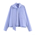 Women's Light Blue Long Sleeve Button Up Shirt With Bow Tie Scarf Collar And Pocket Casual Sweet Elegant Polyester Poplin Blouse For Office Daily Wear