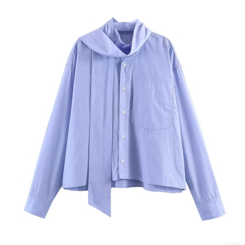 Women's Light Blue Long Sleeve Button Up Shirt With Bow Tie Scarf Collar And Pocket Casual Sweet Elegant Polyester Poplin Blouse For Office Daily Wear