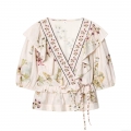 Women's Floral Print V Neck Ruffle Wrap Blouse Polyester Cotton Blend Short Puff Sleeve Tie Waist Top For Casual Summer Vacation Lady