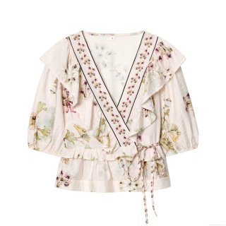 Women's Floral Print V Neck Ruffle Wrap Blouse Polyester Cotton Blend Short Puff Sleeve Tie Waist Top For Casual Summer Vacation Lady