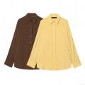 Women's Elegant Solid Color Long Sleeve Cupro Cotton Blouse Classic Lapel Button Down Shirt For Daily Office Casual Wear Stylish Fashion Poplin Tops