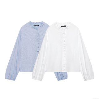 Women's Elegant Ruffle Collar Long Sleeve Blouse Polyester Striped Solid Color Button Down Shirt Sweet Lantern Sleeve Office Lady Tops
