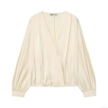 Elegant Satin Women's Blouse V-Neck Wrap Cross Over Long Sleeve Shirt Champagne Silky Smooth Lightweight Top For Casual Party Office Lady Fashion