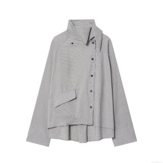 Women's Houndstooth High Neck Blouse Asymmetric Hem Long Sleeve Shirt With Pocket Elegant Loose Pullover Top For Spring Autumn Office Casual