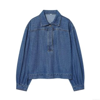 Women's Casual Blue Denim Shirt Long Sleeve Button Down Blouse Half Placket Top With Lantern Sleeves And Elastic Hem Loose Fashion Shirt