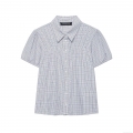 Women's Fashion Plaid Puff Sleeve Short Sleeve Shirt Elegant Lapel Button Up Smocking Poplin Blouse For Casual Commute