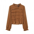 Women's Smocked Blouse Ruffle Trim Stand Collar Long Sleeve Cotton Blend Shirt Elegant Solid Color Slim Fit Pullover Top For Party Daily Dating