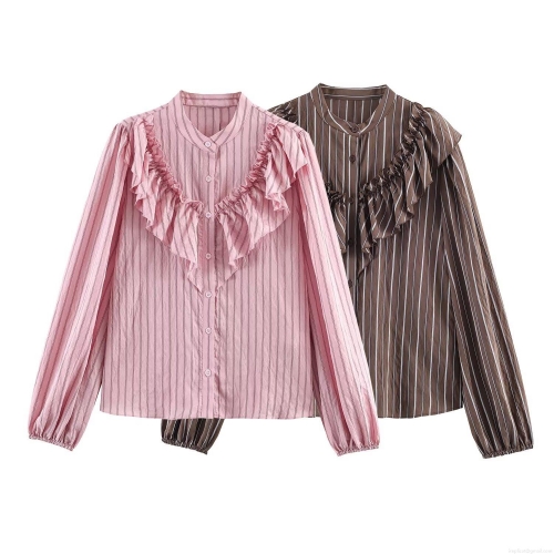 Women Fashion Striped Long Sleeve Blouse Elegant Layered Ruffle Stand Collar Shirt Lantern Sleeve Single Breasted Casual Tops