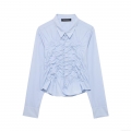 Women's Elegant Smocked Front Long Sleeve Blouse Solid Color Button Down Polyester Shirt Casual Slim Fit Office Streetwear Top