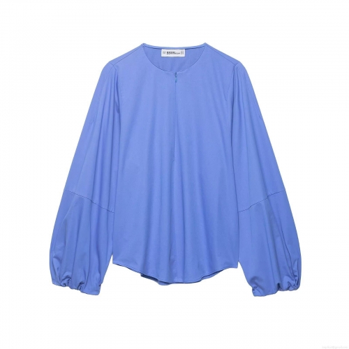Women's Elegant Balloon Sleeve Woven Blouse Round Neck Pleated Back Zipper Long Sleeve Solid Color Top For Casual Office Wear