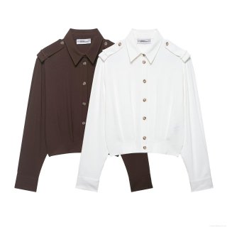 Women's Cropped Long Sleeve Shirt 100% Polyester Epaulette Button Down Blouse Solid Color Office Casual Elegant Spring Autumn Top