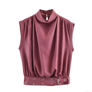 Women Sleeveless Mock Neck Faux Suede Top With Belted Waist Metal Buckle Elegant Solid Color Blouse For Party Daily Casual