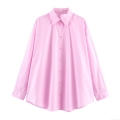 Women's Fashion Long Sleeve Lapel Poplin Loose Shirt 100% Polyester Solid Color Button Down Casual Blouse Top for Office Daily Wear