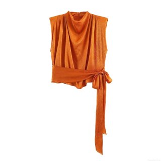Women's Sleeveless Pleated Blouse Silk Texture Bow Decoration Semi-high Neck Pullover Top For Summer Party Elegant Lady Fashion Orange