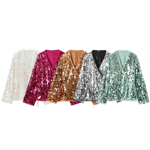 Women's Sparkly Sequin V-Neck Wrap Blouse Long Sleeve Tie Waist Shirt Shiny Elegant Party Evening Top For Celebrity Style Ladies Women's Sparkly Sequin V-Neck Wrap Blouse Long Sleeve Tie Waist Shirt Shiny Elegant Party Evening Top For Celebrity Style Ladies