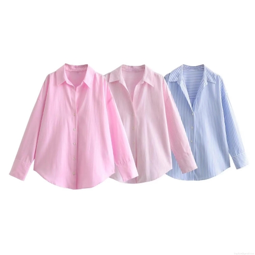 Women's Long Sleeve Cotton Blend Oxford Shirt Casual Loose Striped Blouse With Turn-down Collar And Button Down Front For Office Daily Wear Fashion Lady Top