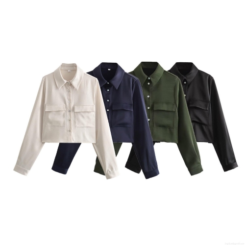 Women's Elegant Satin Long Sleeve Cropped Shirt Solid Color Single Breasted Blouse With Double Pockets For Daily Party Lady Fashion Tops